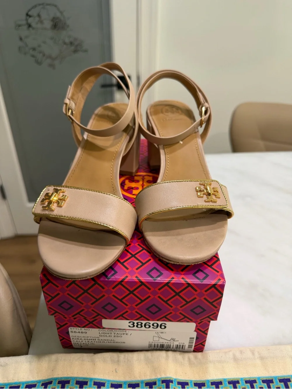 Tory Burch Beige Leather Ankle-Strap Sandals with Gold Logo